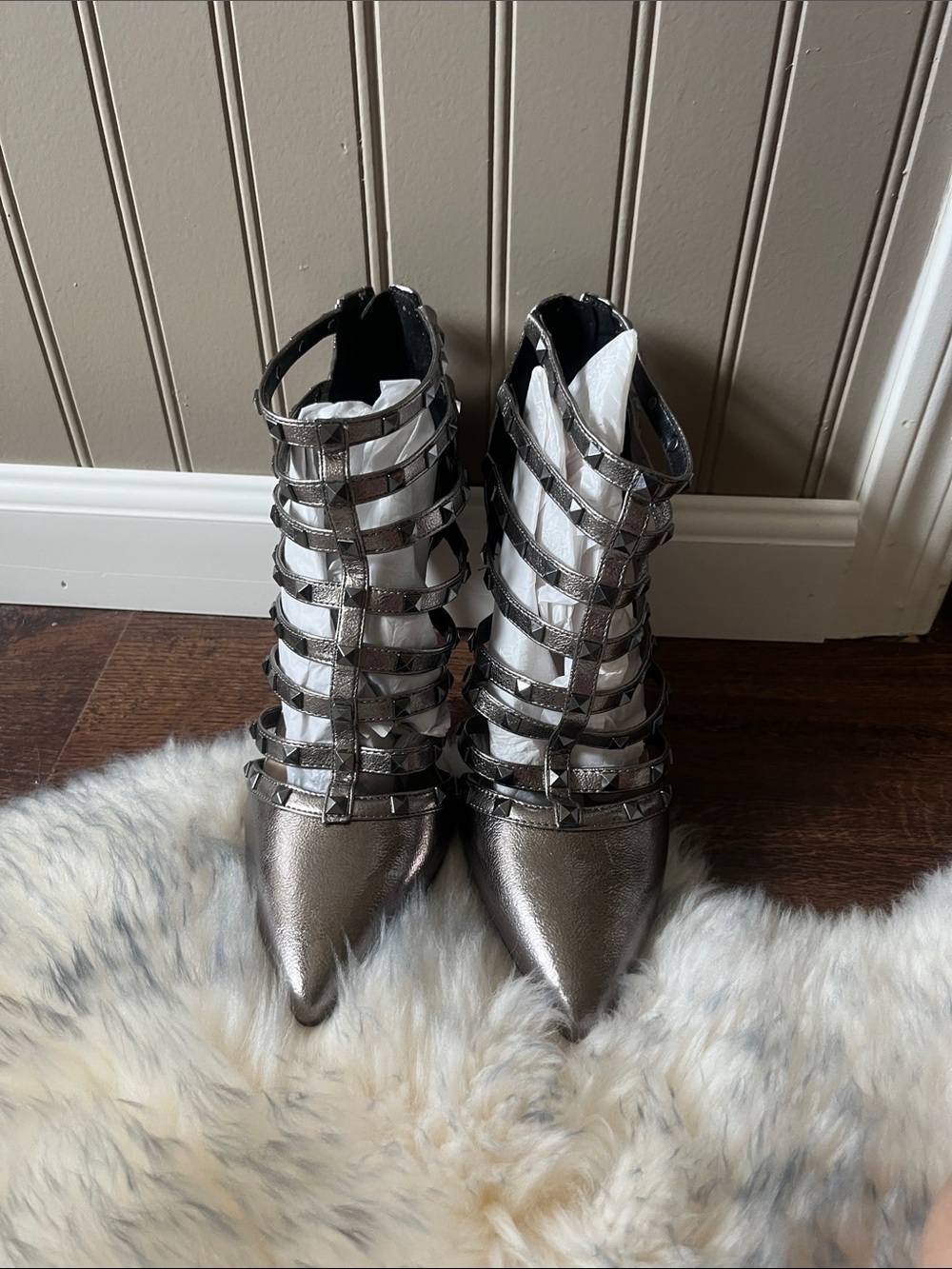 NEW ! Mix No. 6 Metallic Pewter Cage Pointed-Toe Heels